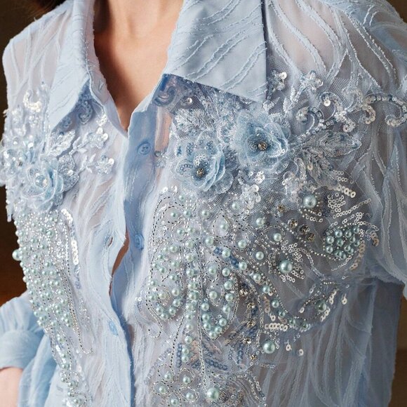 Baby Blue Elegant Women's Embellished Floral Semi-Sheer Long Sleeve Blouse - Picture 2 of 7